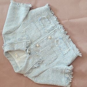 Cropped Light Blue Tweed Jacket with Pearl Buttons